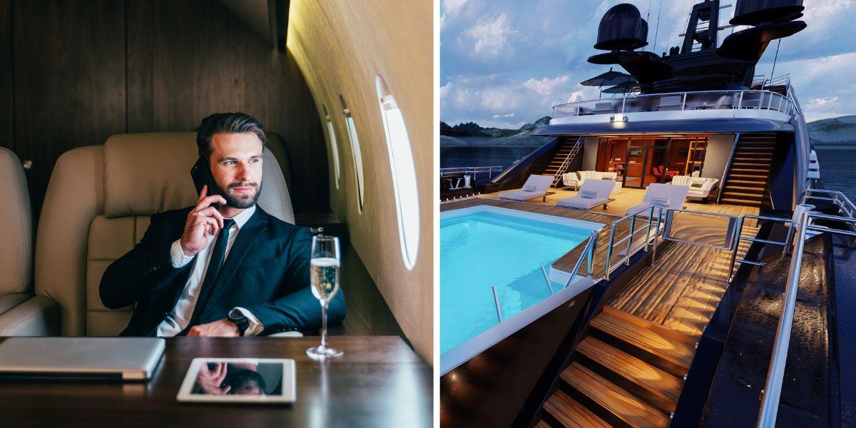 En man i ett privatflyg och en lyxjakt. Biståndsorganisationen Oxfam föreslår att skatt eller förbud införs på privatflyg och lyxjakter då de har enorma utsläpp