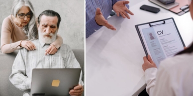 En man skriver en jobbansökan och en man på jobbintervju. Åldersdiskriminering på arbetsmarknaden kostar samhället flera miljarder, och företagen går miste om erfarna medarbetare som de väljer bort på grund av felaktiga fördomar.